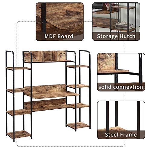 Okngr Computer Desk with Hutch and Bookshelf, Industrial Study Writing Table Home Office Writing Desk with Bookshelf Workstation Desk Gaming Desk, Rustic Brown