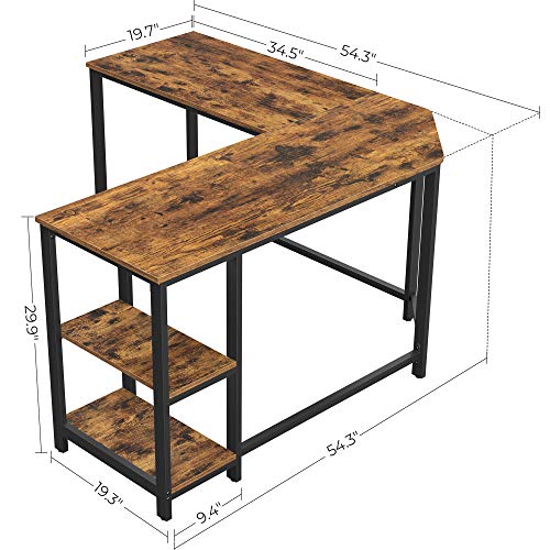 VASAGLE Computer Desk, 54-Inch L-Shaped Corner Desk, Writing Study Workstation with Shelves, Home Office, Industrial Style PC Laptop Table, Space-Saving, Easy to Assemble, Rustic Brown ULWD72X