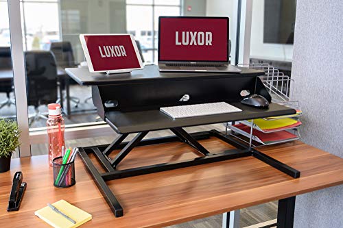 Luxor 2-Tier Height-Adjustable Pneumatic Lift Standing Desk Converter with Keyboard Tray and Built-in Cable Management - Black