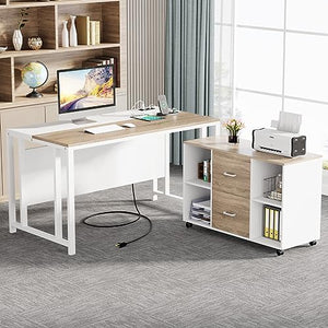 TRIBESIGNS WAY TO ORIGIN L-Shaped Computer Desk with Power Outlet and Drawer Cabinet, 55 inch Executive Office Desk with File Cabinet and Printer Stand, White