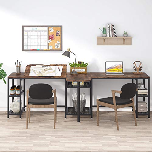 Tribesigns 102 inches Double Computer Desk with Storage Shelves and Tiltable Tabletop, Extra Long Two Person Desk with Printer Shelf, Double Workstation Desk Study Table for Home Office (Rustic Brown)