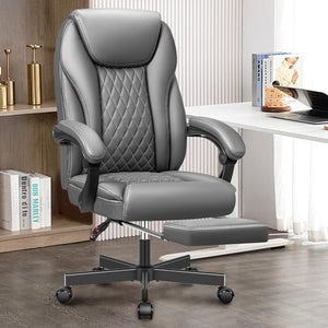 BestEra Executive Office Chair Big and Tall High Back Ergonomic Leather Chair with Footrest, Adjustable Height, Lumbar Support - Gray