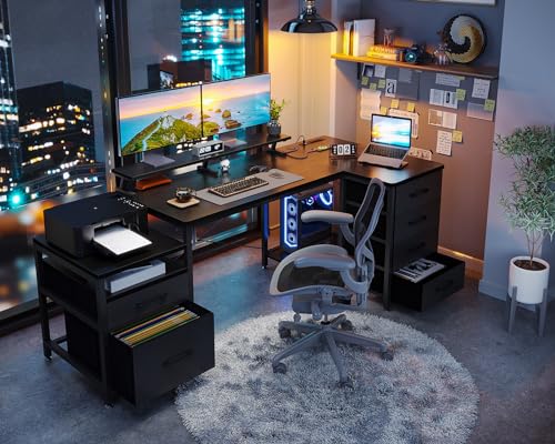 AODK L Shaped Computer Desk with File Drawers & Power Outlet, 72" Corner Desk - Black