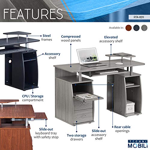 Techni Mobili Floating Modern Office Desk & Complete Computer Workstation, Gray