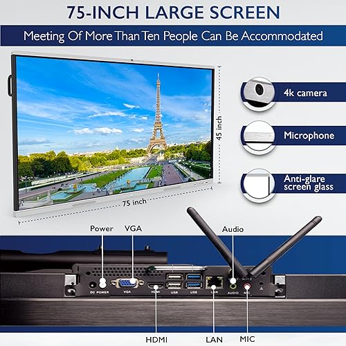 J.Dynamics Smart Board - 75" Electronic Digital White Touch Screen - 4K, 128Gb Storage, 48MP Camera