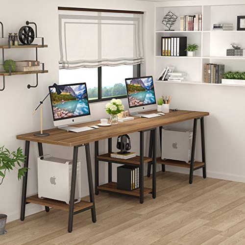 Tribesigns 94.5 Inches Computer Desk, Extra Long Two Person Desk with Storage Shelf (Retro Brown)