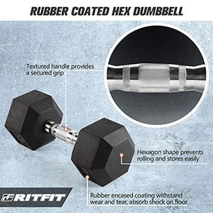 RitFit Rubber Hex Dumbbell Weight 10, 15, 20, 25, 30, 35, 40, 45, 50, 55, 60 LBS with Metal Handle for Strength Training, Full Body Workout, Functional and HIIT Workouts (2 X 55 LBS)