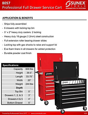 Sunex Tools Sunex 8057 Premium Full Drawer Service Red Cart