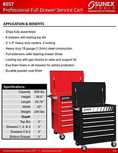 Sunex Tools Sunex 8057 Premium Full Drawer Service Red Cart