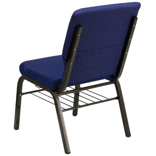 Flash Furniture Church Chair 4 Pack in Navy Blue Patterned Fabric with Book Rack - Gold Vein Frame