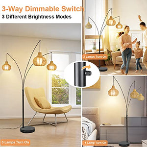 Depuley Adjustable 3-Light LED Arc Floor Lamp with Bamboo Lampshades & Marble Base