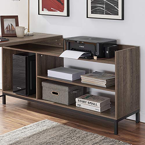 FELLYTN Rustic Industrial L Shaped Desk, 59 Inch Wood and Metal Study Corner Desk, Office Writing Workstation with Shelves and File Cabinet for Home Office (Gray Oak)