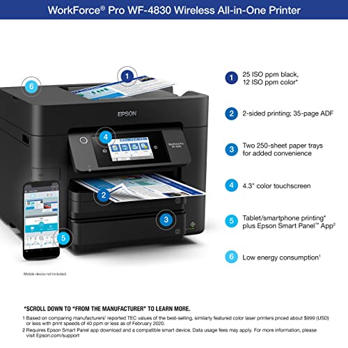 Epson Workforce Pro WF-4830 All-in-One Wireless Color Inkjet Printer, Black