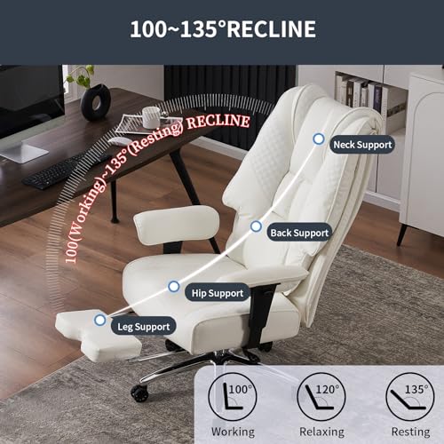 EXCEBET Big and Tall Leather Office Chair with Foot Rest - White