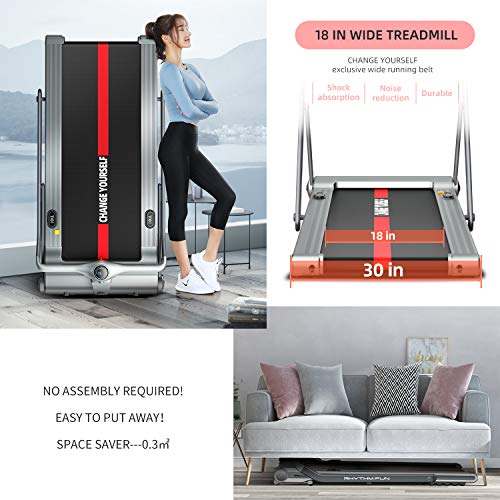 RHYTHM FUN Treadmill Folding Treadmill Under Desk Walking Treadmill with Foldable Handtrail Wide Tread Belt Super Slim Mini Quiet Home Treadmill with Smart Remote Control and Workout App (Silver)
