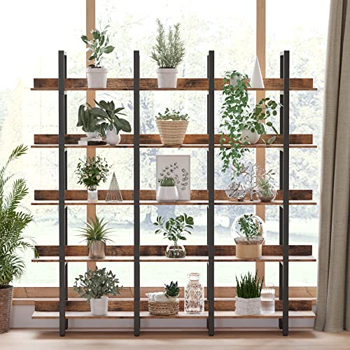 IRONCK Triple Wide 5-Tier Bookcase and Bookshelves with Back Fence, Vintage Brown
