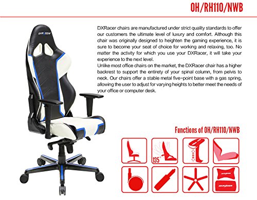 DXRacer Racing Series OH/RH110/NWB Racing Seat Office Chair Gaming Ergonomic Adjustable Computer Chair with - Includes Head and Lumbar Support Pillow (Black, White, Blue)