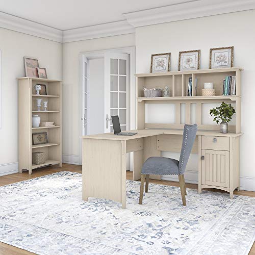 Bush Furniture Salinas L Shaped Desk with Hutch and 5 Shelf Bookcase, 60W, Antique White