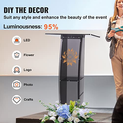 VEVOR Acrylic Podium Stand, 47" Tall, Wide Reading Surface, Storage Shelf, Floor-Standing Clear Pulpit for Church Office School, Black