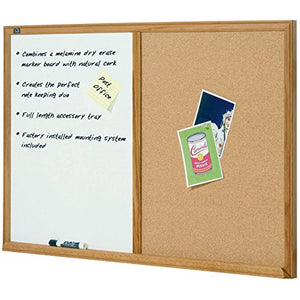 Quartet S554 Bulletin/Dry-Erase Board, Melamine/Cork, 48 x 36, White/Brown, Oak Finish Frame