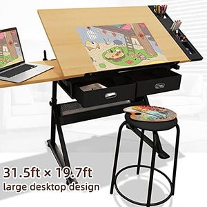 VejiA Height Adjustable Drafting Table with Tilted Tabletop and Storage Drawers