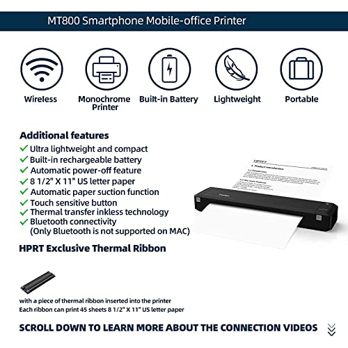 HPRT MT800 Portable Thermal Transfer Printer for Travel,300dpi High Resolution,Wireless Printer for Android and iOS Phone, Compatible with Windows,Linux and MAC, Suitable for Mobile Office.