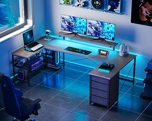 ODK U Shaped Desk with Power Outlets & LED Strip, 66" Reversible L Shaped Desk, Grey Oak