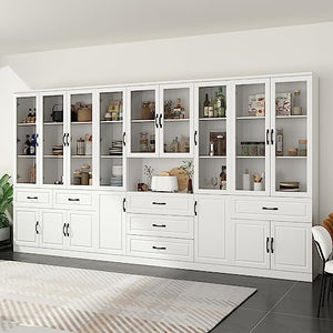 Hitow Tall Bookshelf with Glass Doors & Drawers, 2-Piece Large Storage Cabinet Set - White (141.7" W x 15.7" D x 78.9" H)
