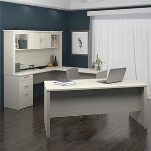 Atlin Designs Modern Wood U-Shaped Computer Desk with Hutch in White/Chocolate