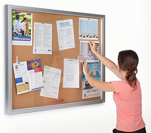 48" x 36" Enclosed Bulletin Board for Wall Mount, Indoor Use Only, 4' x 3' Cork Board with Sliding Glass Door - Silver Aluminum Frame