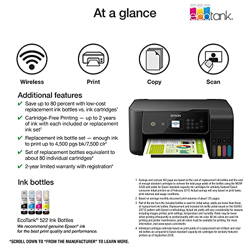Epson EcoTank ET Series All-in-One Supertank Inkjet Printer for Cartridge-Free Home Printing, Wireless, Copier, Printer, Scanner, 5760 x 1400 dpi Print, 1.44" Screen, High-Speed USB (Black)