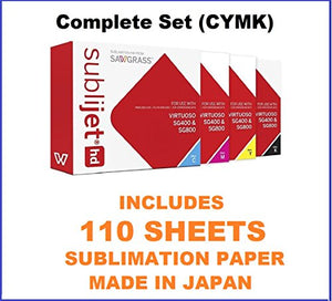 SUBLIJET HD Ink Cartridges for Sawgrass Virtuoso SG400/SG800 - COMPLETE SET (CMYK) - WITH 110 SHEETS OF SUBLIMATION PAPER (Made in Japan) Eventprinters brand.