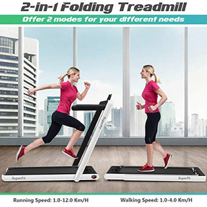 GYMAX 2 in 1 Folding Treadmill, Under Desk Walking Running Machine with Bluetooth Speaker, LED Monitor & Smart App Control, Electric Treadmill for Home Gym (Pearl)