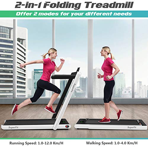 GYMAX 2 in 1 Folding Treadmill, Under Desk Walking Running Machine with Bluetooth Speaker, LED Monitor & Smart App Control, Electric Treadmill for Home Gym (Pearl)
