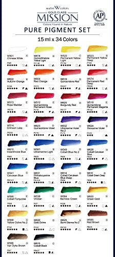 Mijello Mission Gold Class Pure Pigment Water Color MWC-1534P, 15ml 34 Colors with Water Brush