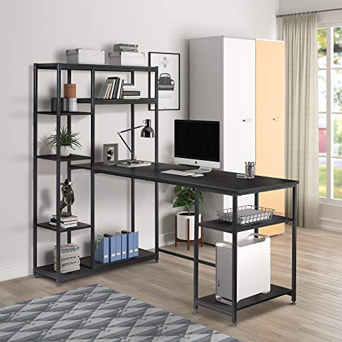 SSLine 63 Inches Computer Desk with Bookshelves,Writing Study Table with 4 Tier Open Plenty Storage Space,Modern Wood Desk with Metal Frame Laptop Table Computer Workstation for Home Office (Black-2)