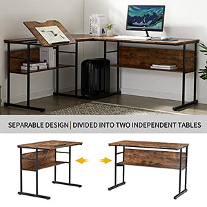 U/D Home Office L-Shaped Desk with Bottom Bookshelves and CPU Stand, Multi-Function Drafting Drawing Table (Color : Brown)