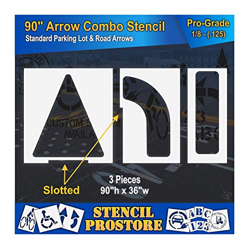 Parking Lot Stencils - 90 inch - Slotted Straight & Turn Combo Arrow KIT - (3 Piece) - 90" x 36 x 1/8" (128 mil) - Pro-Grade