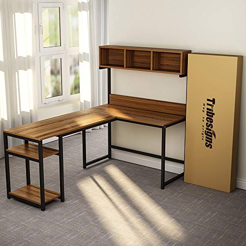 Tribesigns L-Shaped Desk with Hutch, 68 Inches Corner Computer Desk Gaming Table Workstation with Storage Bookshelf for Home Office,Dark,Walnut