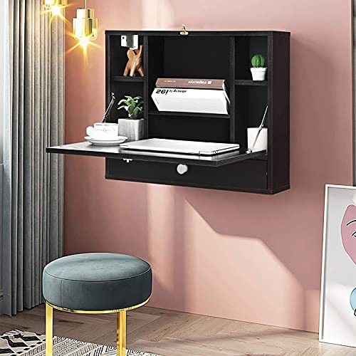 Wall Mounted Desk w/Storage Shelves & Hiden Drawer, Floating Computer Desk Home Office Table Desk Workstation, Space Saving, Laptop PC Table for Living Room, Bedroom, Office