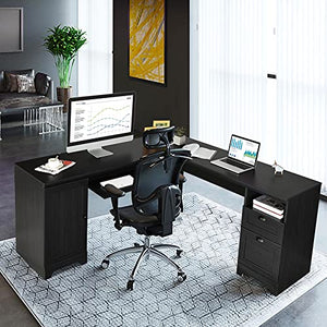 Tangkula L-Shaped Desk, 66" × 66" Corner Computer Desk with Drawers and Storage Shelf, Home Office Desk, Sturdy and Space-Saving Writing Table, Black