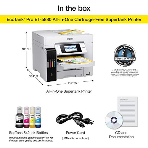 Epson EcoTank Pro ET-5880 Wireless Color All-in-One Supertank Printer with Scanner, Copier, Fax, Ethernet and PCL/Postscript
