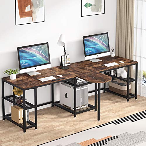 Tribesigns 102 inches Double Computer Desk with Storage Shelves and Tiltable Tabletop, Extra Long Two Person Desk with Printer Shelf, Double Workstation Desk Study Table for Home Office (Rustic Brown)