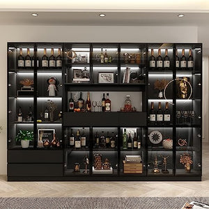 Hitow Tall Bookcase Bookshelf with Glass Doors and Lights, Large Display Shelf Organizer Set with Hutch, Library Bookshelf - Black (110.2" W)