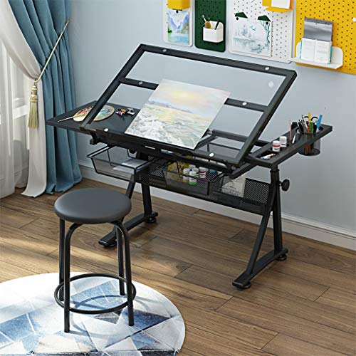 Lgan Tiltable Drawing Table, Adjustable Art Desk, with Storage Craft Table, Drafting Table Glass Panel, Child Adult Drawing Desk