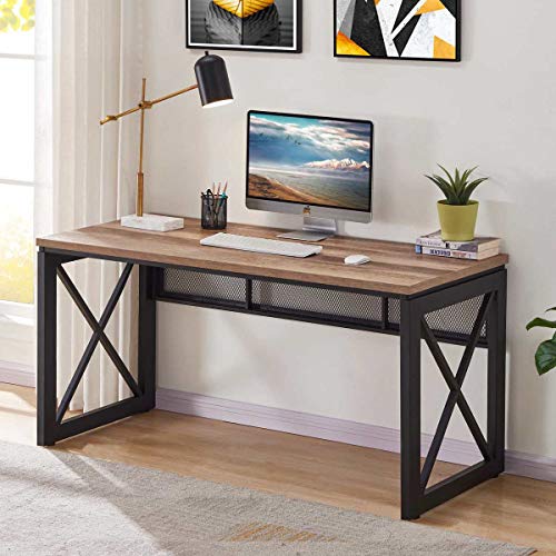 BON AUGURE Industrial Home Office Desks, Rustic Wood Computer Desk, Farmhouse Sturdy Metal Writing Desk (60 Inch, Vintage Oak)