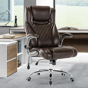 Seevoo Executive Office Chair - High Back Swivel Computer Desk Chair with Adjustable Lumbar Support and Flip-Up Arms - Brown PU Leather