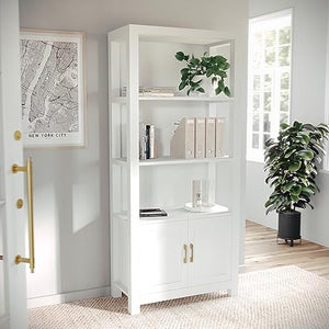 Martha Stewart Four Tier Shaker Bookcase with Storage Cabinet in White - Polished Brass Hardware