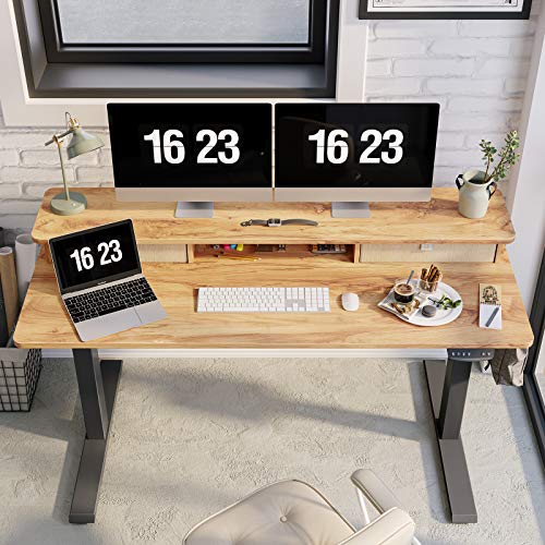 FEZIBO Height Adjustable Electric Standing Desk with Double Drawer, 55 x 24 Inch Stand Up Table with Storage Shelf, Sit Stand Desk with Splice Board, Black Frame/Light Rustic Top