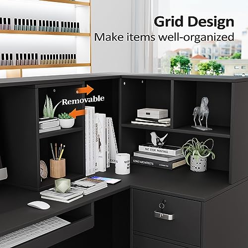 LEADZM L-Shaped Reception Desk with Counter, Lockable Drawers, Adjustable Shelf - Black (55.9" W x 18.9" D x 48" H)
